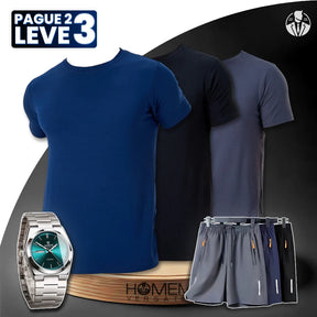 (Pague 2, Leve 3) Kit Camisetas Zavox Slim em Elastano e Viscose Macia + 3 Bermudas e Relógio GRÁTIS