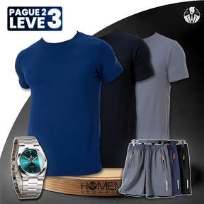 (Pague 2, Leve 3) Kit Camisetas Zavox Slim em Elastano e Viscose Macia + 3 Bermudas e Relógio GRÁTIS